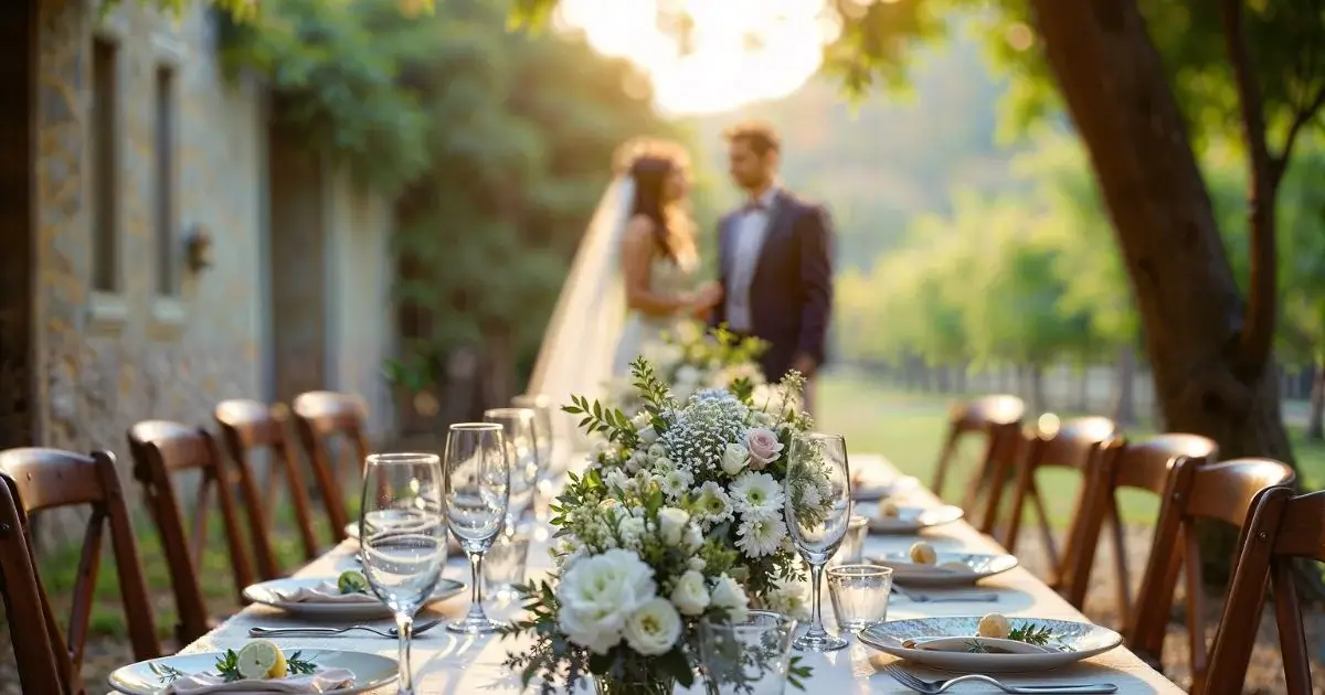 Outdoor wedding reception with elegant table setting